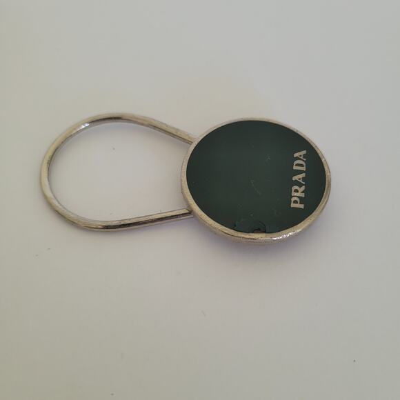 Auth PRADA Silver Black Hardware Bag Charm Key Ring Fob Logo Round - Picture 6 of 7